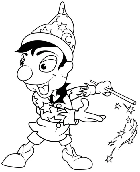 Zeichnung Eines Lächelnden Zauberers Mit Zauberstab Cartoon Illustration Auf Weißem — Stockvektor