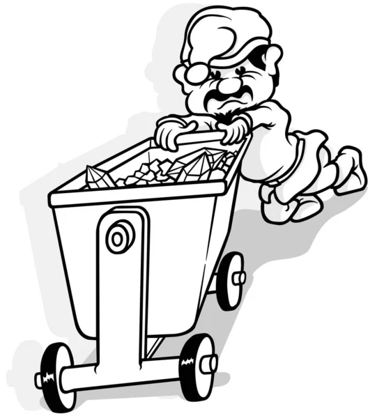Drawing Dwarf Miner Pushing Mine Cart Cartoon Illustration Isolated White — Stock Vector