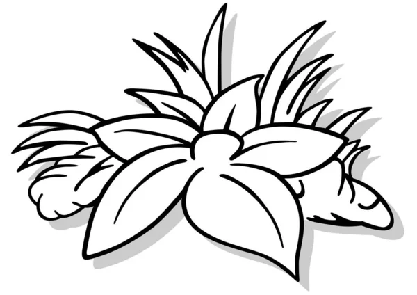 草の上に横たわる大きな花のドローイング 漫画イラストIsolated White Background Vector — ストックベクタ