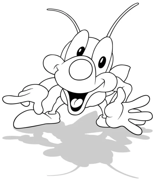 Bir Şirin Böceğin Çizimi Gülümseyen Parmağını Gösteren Çizgi Film Çizimi — Stok Vektör