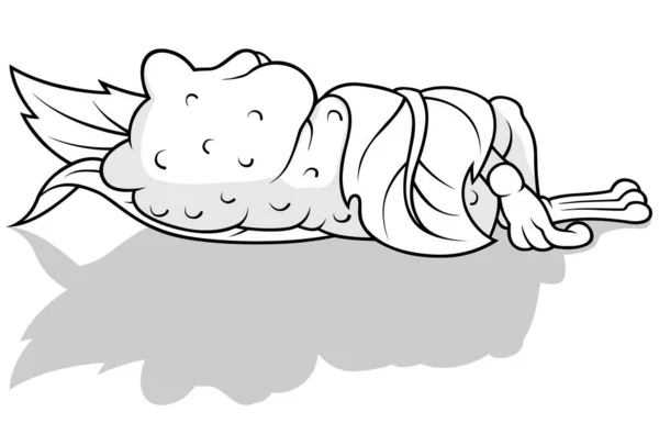 Kresba Spící Žáby Zabalené Listu Kreslený Ilustrace Izolované Bílém Pozadí — Stockový vektor
