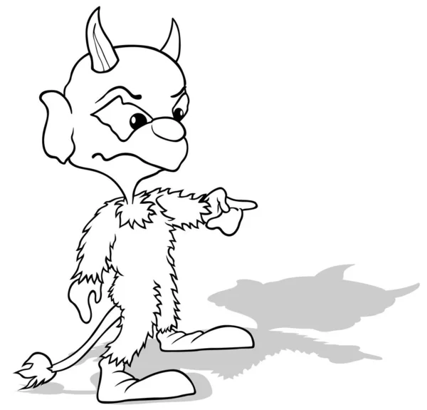 Dibujo Diablo Con Cuernos Señalando Dedo Ilustración Dibujos Animados Aislado — Vector de stock