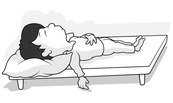 Disegno Ragazzo Che Dorme Letto Senza Coperta Illustrazione Del Fumetto — Vettoriale Stock