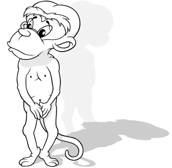 Drawing Shy Monkey Standing Two Legs Cartoon Illustration Isolated White — 스톡 벡터