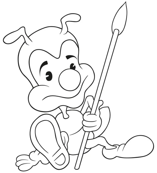 Zeichnung Einer Sitzenden Ameise Mit Speer Karikatur Auf Weißem Hintergrund — Stockvektor