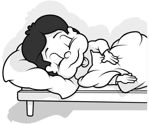 Drawing Sleeping Boy Lying Bed Cartoon Illustration Isolated White Background — Stock Vector