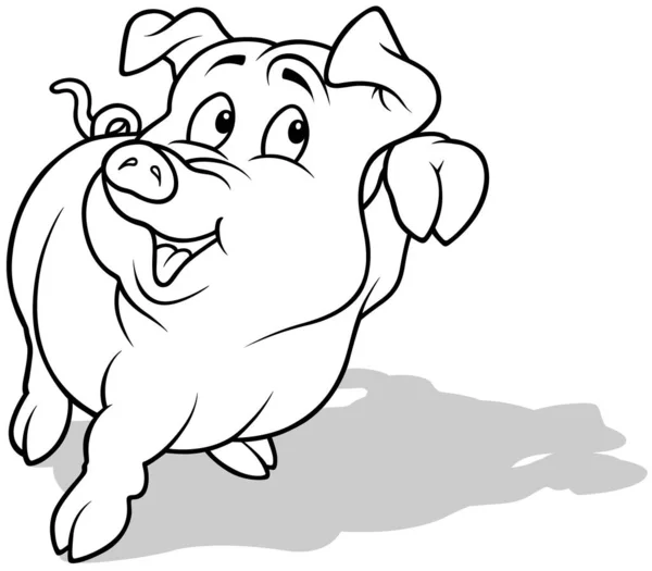Drawing Cute Smiling Piggy Raised Leg Cartoon Illustration Isolated White — Stock Vector