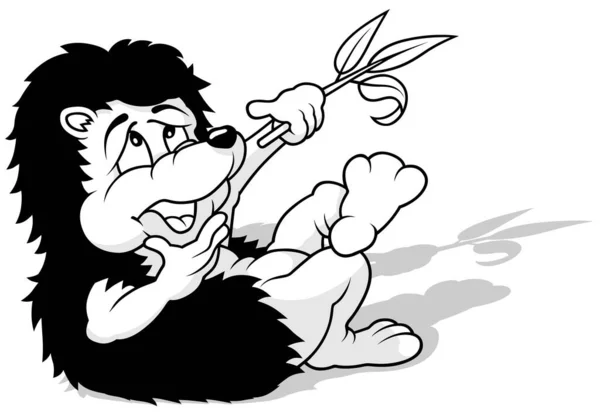 Drawing Hedgehog Twig His Paw Lying Ground Cartoon Illustration Isolated — стоковий вектор