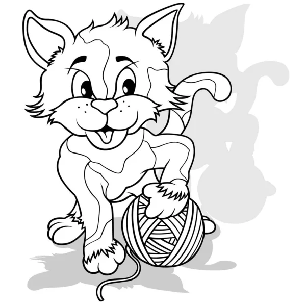 Ritning Spotted Kitty Med Boll Ull Tecknad Illustration Isolerad Vit — Stock vektor