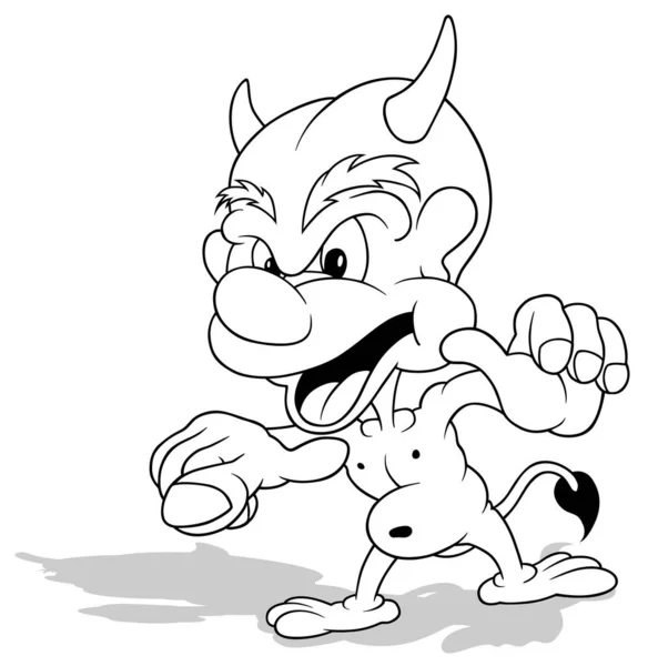 Rysunek Rogaty Diabeł Uśmiechem Wskazując Palcem Ilustracja Kreskówki Izolowane Białym — Wektor stockowy