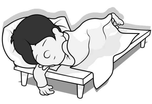 Drawing Black Haired Boy Sleeping Bed Cartoon Illustration Isolated White — Stock Vector