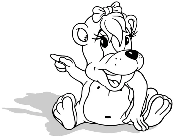 Disegno Simpatico Orso Donna Seduta Puntando Con Una Zampa Illustrazione — Vettoriale Stock