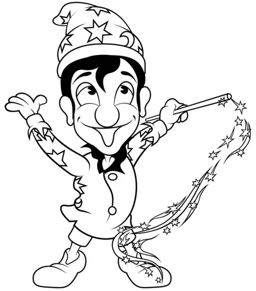Kresba Kouzelníka Kouzelnou Hůlkou Karikatura Ilustrace Izolované Bílém Pozadí Vektor — Stockový vektor