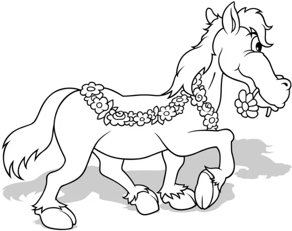 Rysunek Konia Dekoracji Kwiatowej Profilu Ilustracja Rysunkowa Izolowana Białym Tle — Wektor stockowy