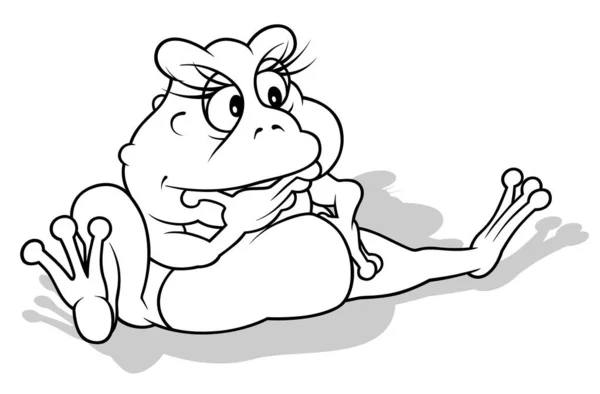 Zeichnung Eines Auf Dem Boden Sitzenden Denkenden Frosches Cartoon Illustration — Stockvektor