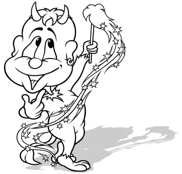 在他的手绘漫画中描绘了一个带着燃烧的喷火器的魔鬼 在白色背景下孤立的漫画 — 图库矢量图片