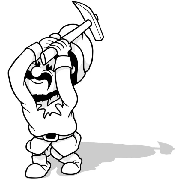 手にピック斧を持つドワーフの絵を描く 漫画イラストIsolated White Background Vector — ストックベクタ