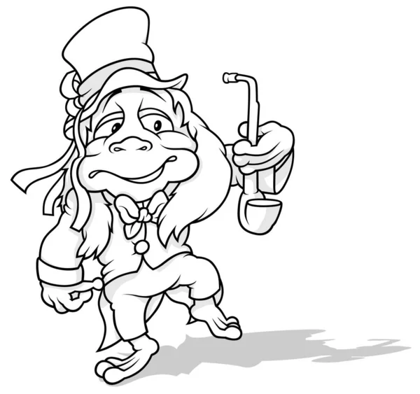 Kresba Watermana Cylindrem Hlavě Držícího Ruce Dýmku Cartoon Illustration Izolated — Stockový vektor