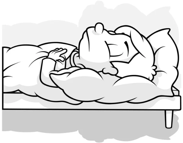 Desenho Menino Cabelos Escuros Dormindo Cama Ilustração Dos Desenhos Animados — Vetor de Stock