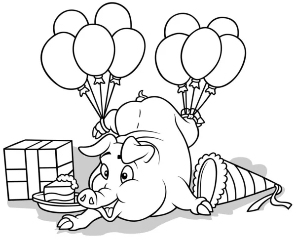 Zeichnung Eines Schweinchens Auf Einer Party Mit Luftballons Den Hinterbeinen — Stockvektor
