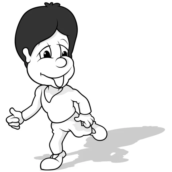 Drawing Running Boy Dark Hair Cartoon Illustration Isolated White Background — Stock Vector