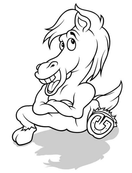Desenho Cavalo Sorridente Sentado Chão Ilustração Dos Desenhos Animados Isolado —  Vetores de Stock