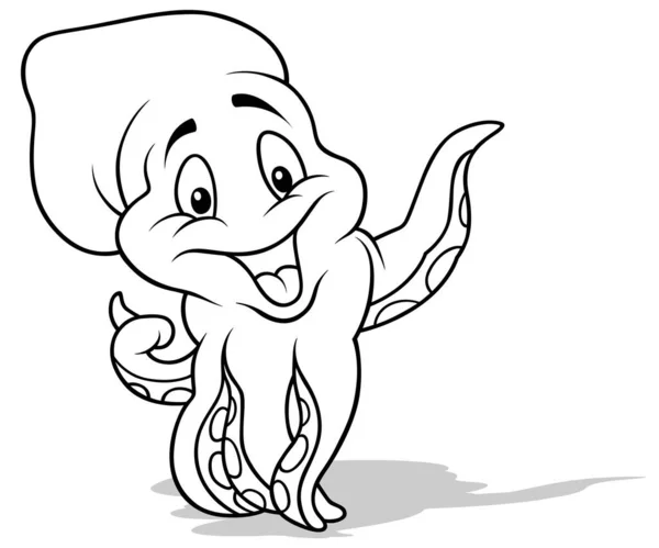 Kresba Veselé Smějící Chobotnice Ukazující Chapadlem Kreslená Ilustrace Izolovaná Bílém — Stockový vektor