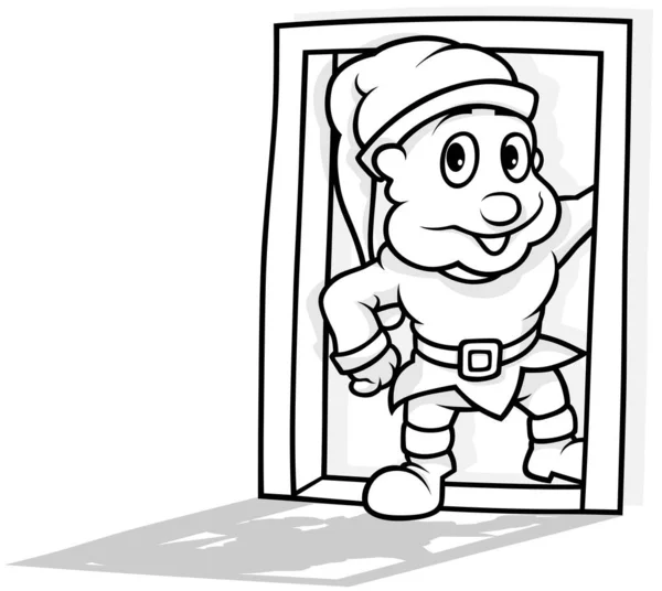 Kresba Trpaslíka Stojícího Dveřích Cartoon Illustration Izolovaný Bílém Pozadí Vektor — Stockový vektor