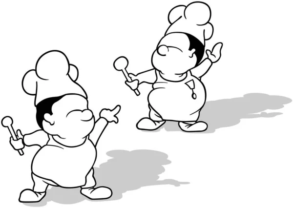 Set Tekeningen Van Twee Chef Mascottes Cartoon Illustraties Geïsoleerd Witte — Stockvector