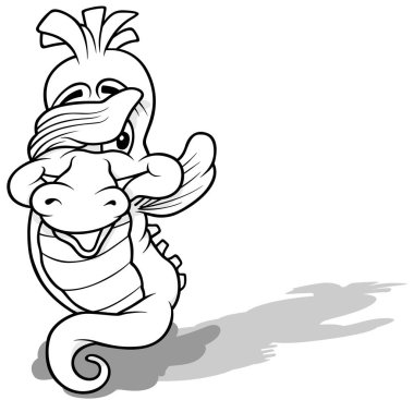 Gözlerini kapatan Fin ile bir Deniz Atının Çizimi - Beyaz Arkaplanda izole edilmiş Çizgi Film Çizimi, Vektör