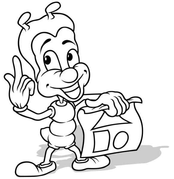 Rysunek Uśmiechniętej Mrówki Trzymającej Papier Obrazkami Ilustracja Kreskówki Izolowana Białym — Wektor stockowy