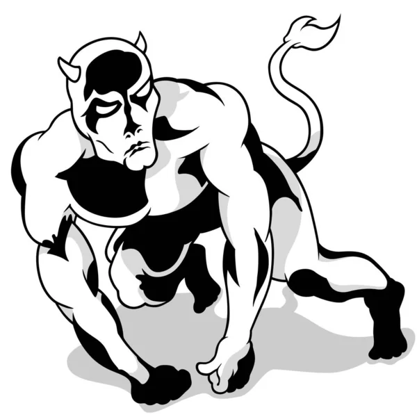 Drawing Muscular Devil All Fours Cartoon Illustration Isolated White Background — Stock Vector