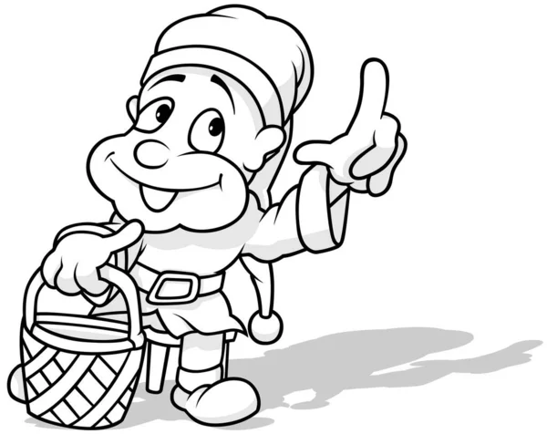 Drawing Dwarf Holding Wicker Basket Cartoon Illustration Isolated White Background — 스톡 벡터