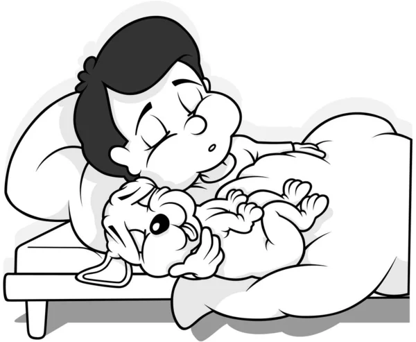 Drawing Black Haired Boy Puppy Sleeping Bed Cartoon Illustration Isolated — Stock Vector