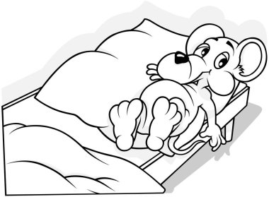 Yatakta yatan Sevimli Yorgun Fare Çizimi - Çizgi film Çizimi Beyaz Arkaplanda İzole Edildi, Vektör