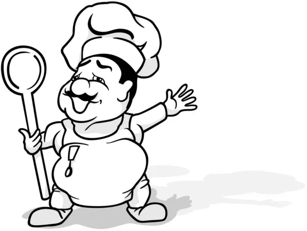 Büyük Bir Tahta Kaşıkla Ayakta Duran Bir Aşçının Çizimi Beyaz — Stok Vektör