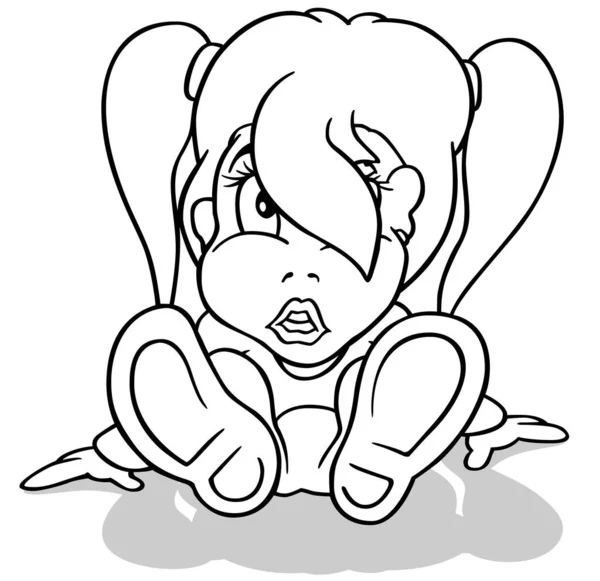 地面に座っているポニーテールの少女の絵 漫画のイラストは白い背景に隔離され ベクトル — ストックベクタ