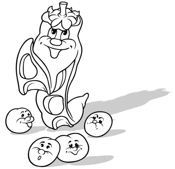 丸いエンドウ豆と笑顔のエンドウ豆の描画 漫画のイラストは白い背景に隔離され ベクトル — ストックベクタ