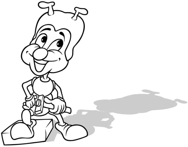 ハンマーを手にレンガの上に立つアリのドローイング 漫画イラストIsolated White Background Vector — ストックベクタ