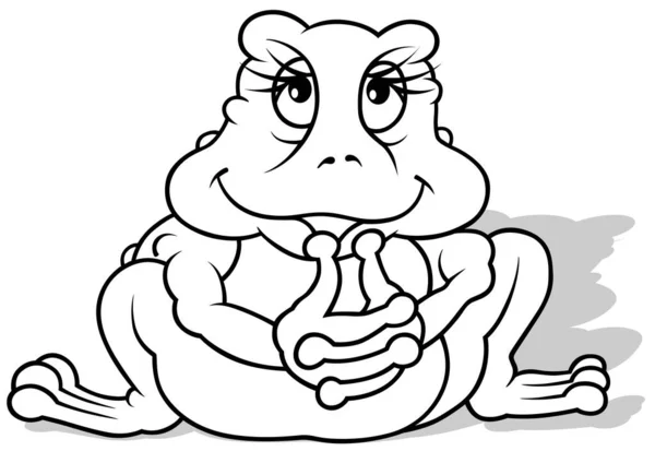 Zeminde Oturan Dalgın Kurbağa Çizimi Beyaz Arkaplanda Zole Edilmiş Çizgi — Stok Vektör