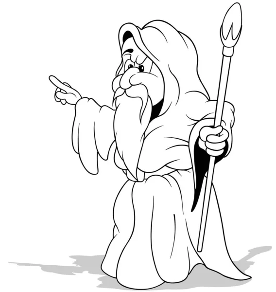 Kresba Čaroděje Rouchu Držícího Kouzelnou Hůl Cartoon Illustration Izolovaný Bílém — Stockový vektor