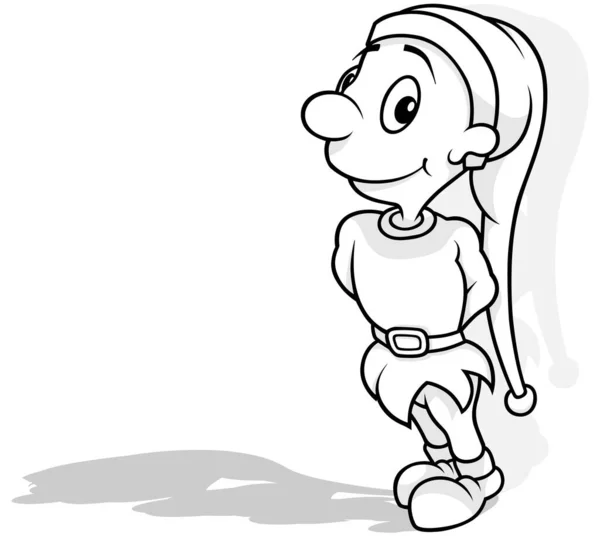 Zeichnung Eines Stehenden Kobolds Mit Langer Mütze Karikatur Auf Weißem — Stockvektor