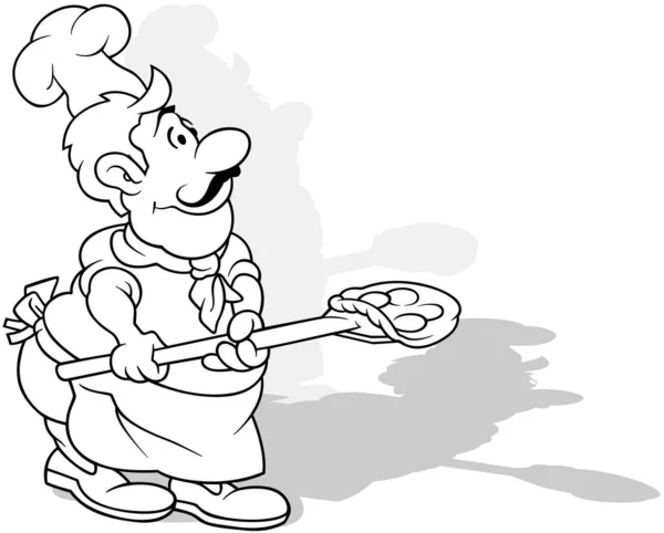 Rysunek Szefa Kuchni Który Piecze Pizzę Ilustracje Kreskówek Izolowane Białym — Wektor stockowy