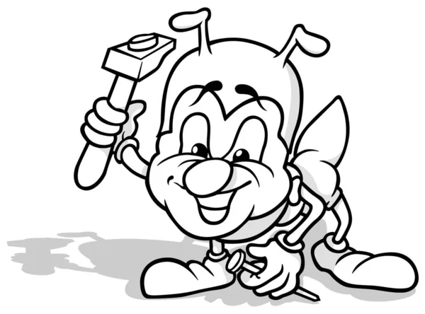 Kresba Usmívajícího Mravence Kladivem Hřebíkem Rukou Cartoon Illustration Isolated White — Stockový vektor