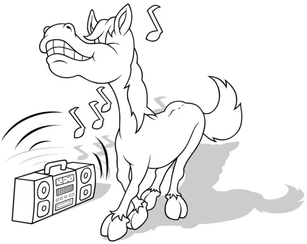 テープレコーダーから音楽に馬のダンスを描く 漫画イラストIsolated White Background Vector — ストックベクタ