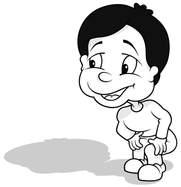 Drawing Smiling Boy Squatting Cartoon Illustration Isolated White Background Vector — Stock Vector
