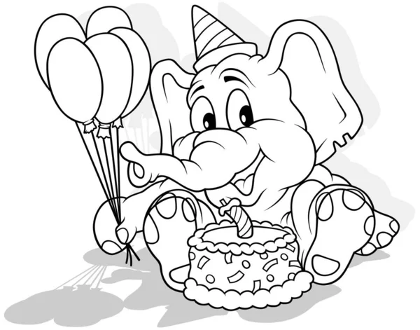 Tekening Van Een Glimlachende Olifant Verjaardagsfeest Met Taart Feestballonnen Illustratie — Stockvector