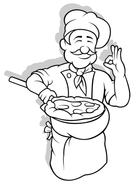 Disegno Uno Chef Che Tiene Una Pizza Illustrazione Del Fumetto — Vettoriale Stock