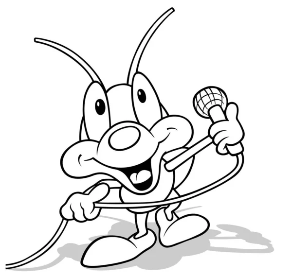 Elinde Mikrofonla Komik Bir Böcek Çizmek Beyaz Arkaplanda Izole Edilmiş — Stok Vektör