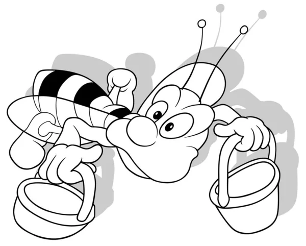 Kresba Létající Včely Dvěma Košíky Rukou Karikatura Ilustrace Bílém Pozadí — Stockový vektor